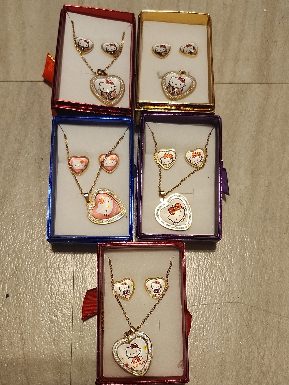 Hello Kitty Heart Pendant Necklace and Earrings Set - Pink and White 5 Sets